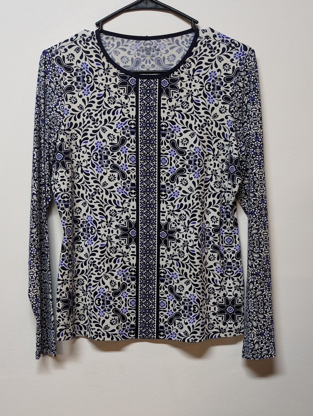 Lands’ End White & Navy Floral Print Long Sleeve Rash Guard, Size S